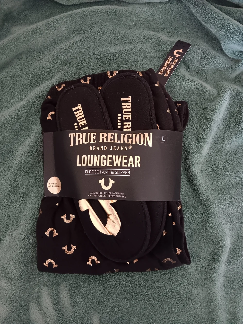 True Religion Men’s Black & Gold Loungewear Fleece Pant and Slipper Set